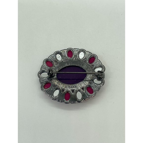 Vintage Signed FAF Silver Tone Pink Purple Rhinestone Oval Brooch - Picture 5 of 6